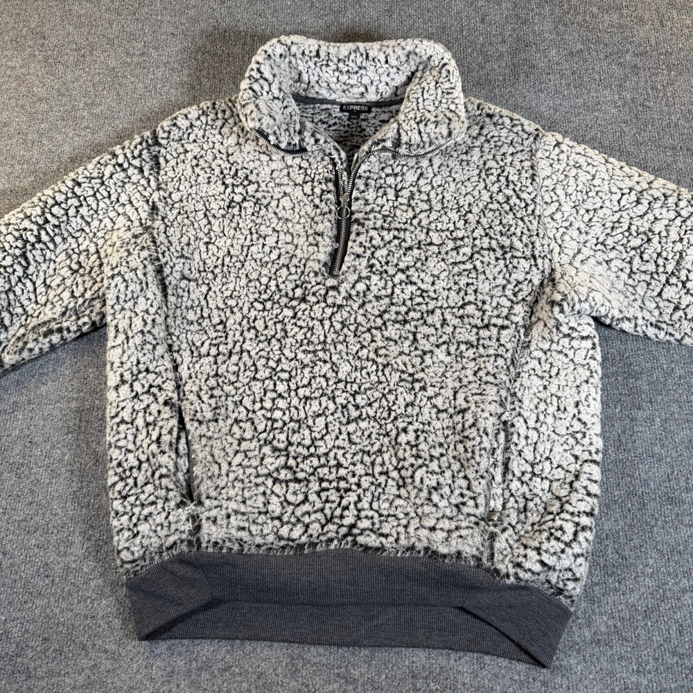 Express Mens Gray Sherpa Fleece Quarter Zip Pullover‎ Faux Fur Jacket XS #3606 - Picture 3 of 7